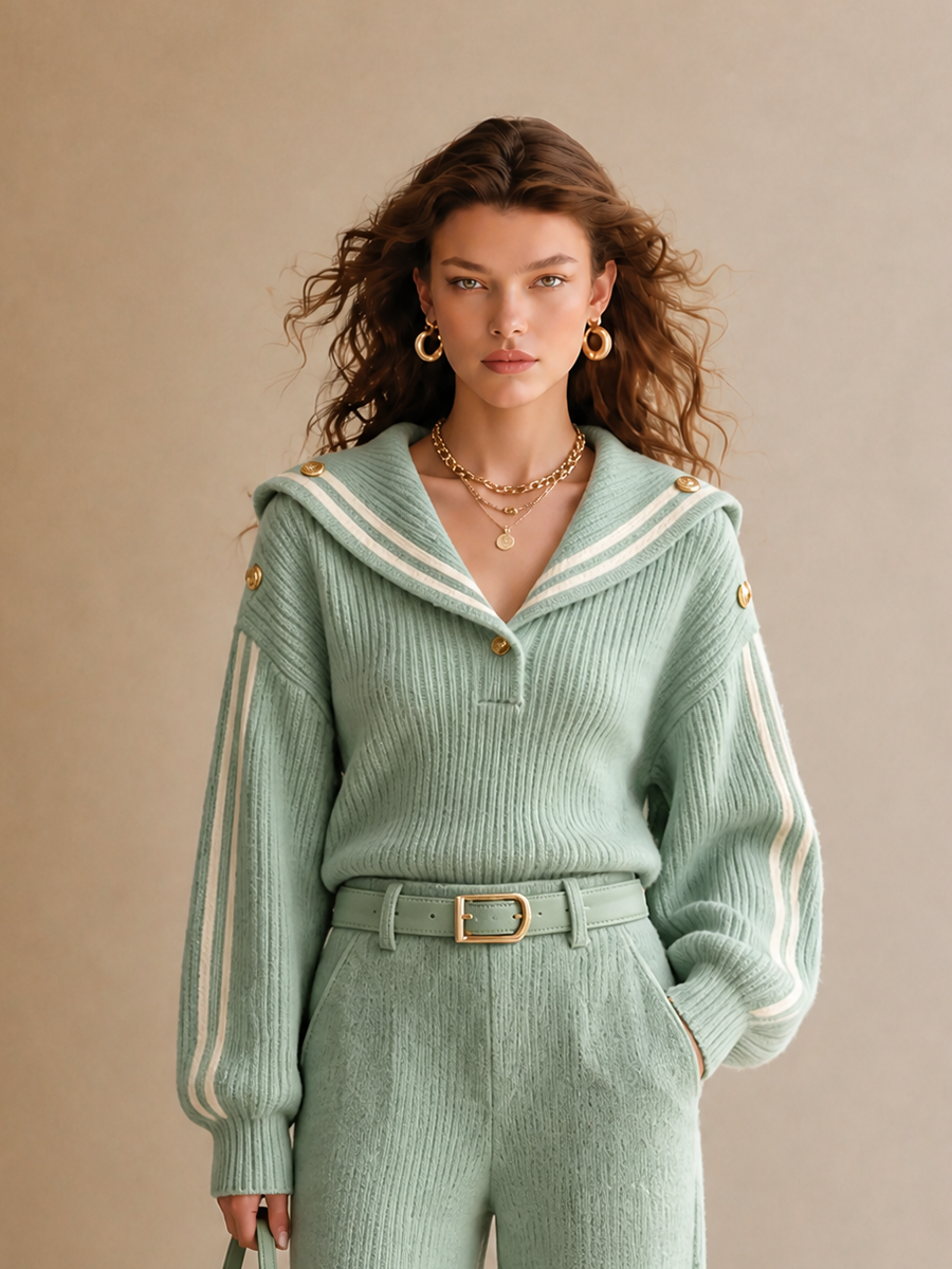 Women's Vintage Elegant Wool-Knit Sailor-Collar Contrast-Stripe Long-Sleeve Sweater & Belted High-Waisted Wide-Leg Trouser Set MDZ1069H4CMX