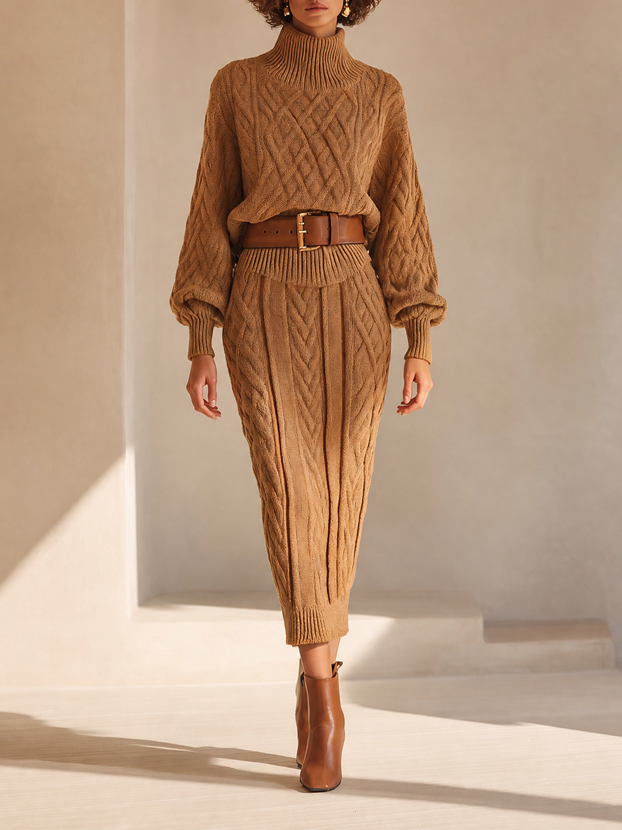 Women's Elegant Cable-Knit Turtleneck Blouson-Sleeve Sweater & High-Waisted Bodycon Midi Skirt Set MDZ1091H6CMX