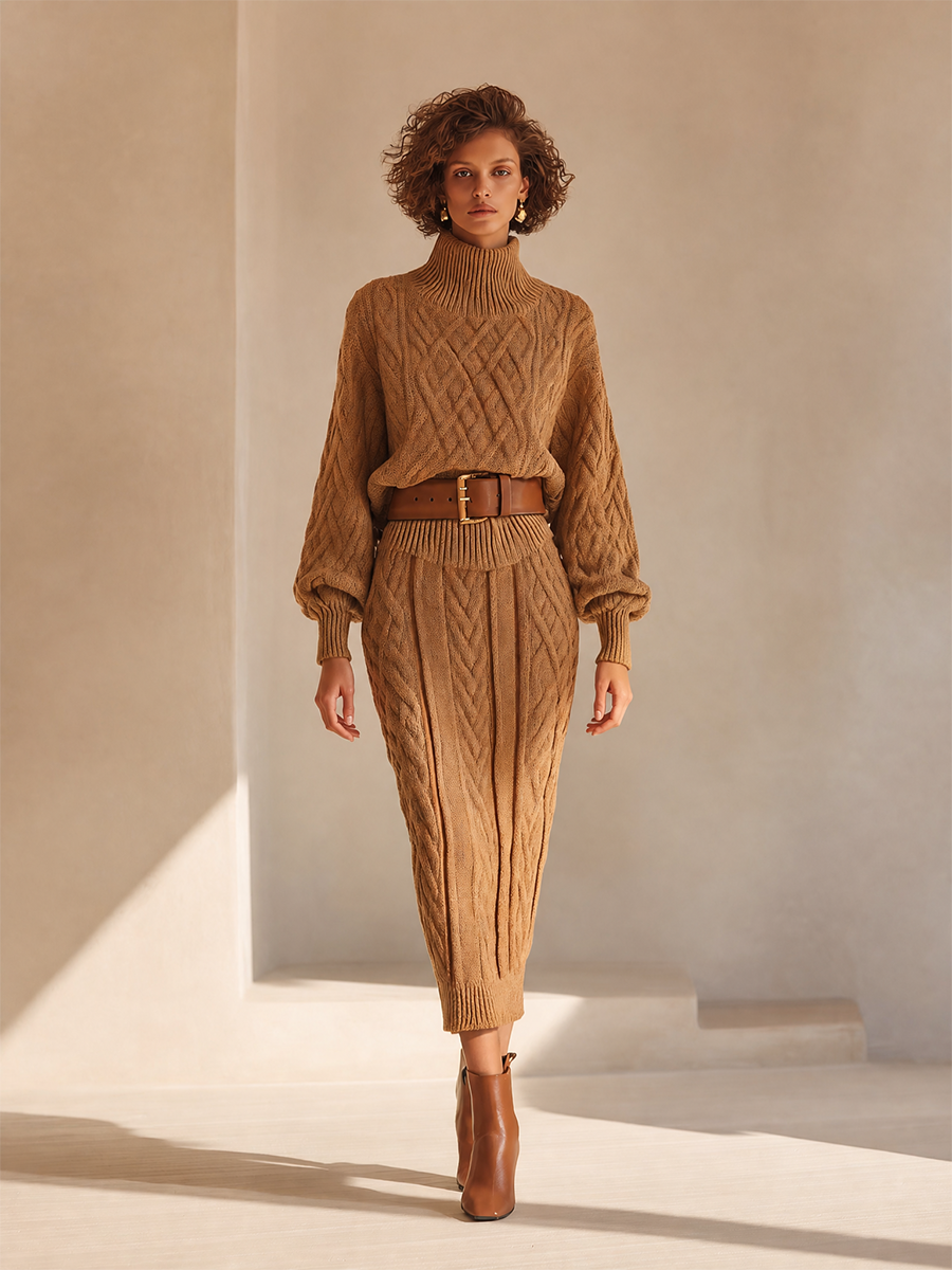 Women's Elegant Cable-Knit Turtleneck Blouson-Sleeve Sweater & High-Waisted Bodycon Midi Skirt Set MDZ1091H6CMX