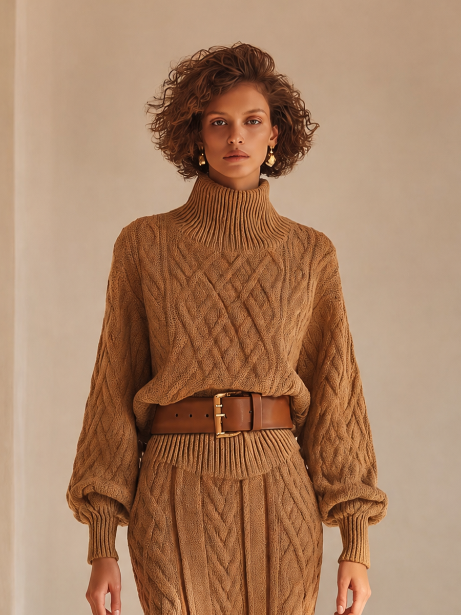 Women's Elegant Cable-Knit Turtleneck Blouson-Sleeve Sweater & High-Waisted Bodycon Midi Skirt Set MDZ1091H6CMX