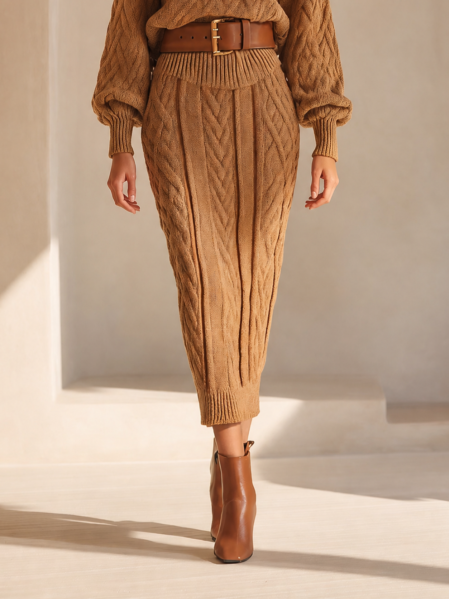 Women's Elegant Cable-Knit Turtleneck Blouson-Sleeve Sweater & High-Waisted Bodycon Midi Skirt Set MDZ1091H6CMX