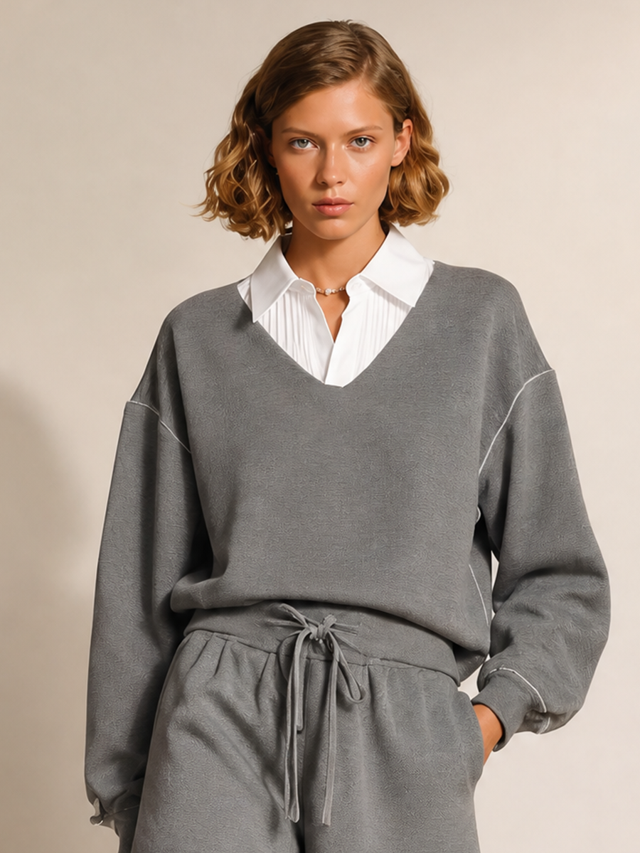 Women's Casual Shirt-Collar Layered Dropped-Shoulder Long-Sleeve Sweatshirt & Drawstring Shorts Set MDZ1001H5CMX