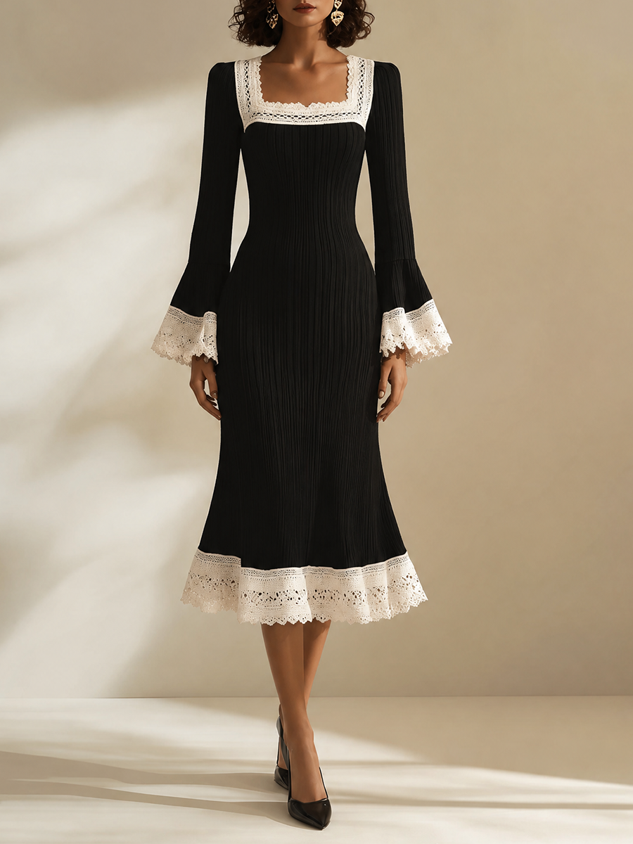 Women's Elegant Square-Neck Lace-Trim Flared-Sleeve Fishtail Long-Sleeve Bodycon Midi Dress MDZ1030H4CMX