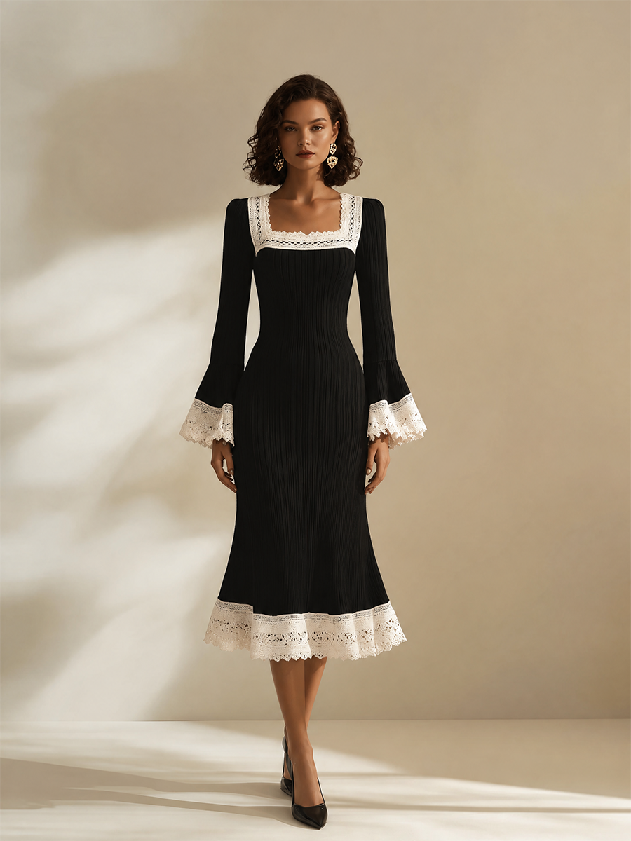 Women's Elegant Square-Neck Lace-Trim Flared-Sleeve Fishtail Long-Sleeve Bodycon Midi Dress MDZ1030H4CMX