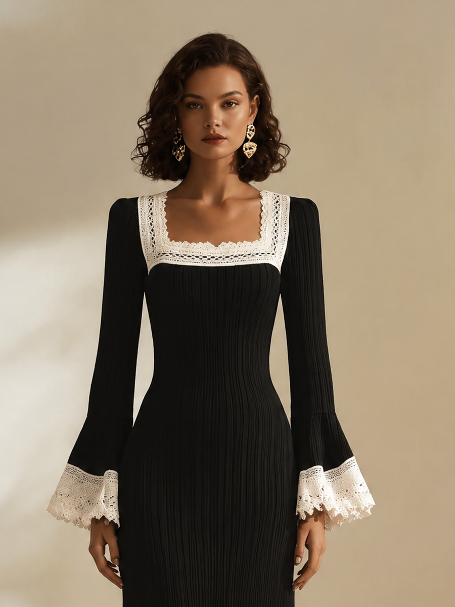 Women's Elegant Square-Neck Lace-Trim Flared-Sleeve Fishtail Long-Sleeve Bodycon Midi Dress MDZ1030H4CMX