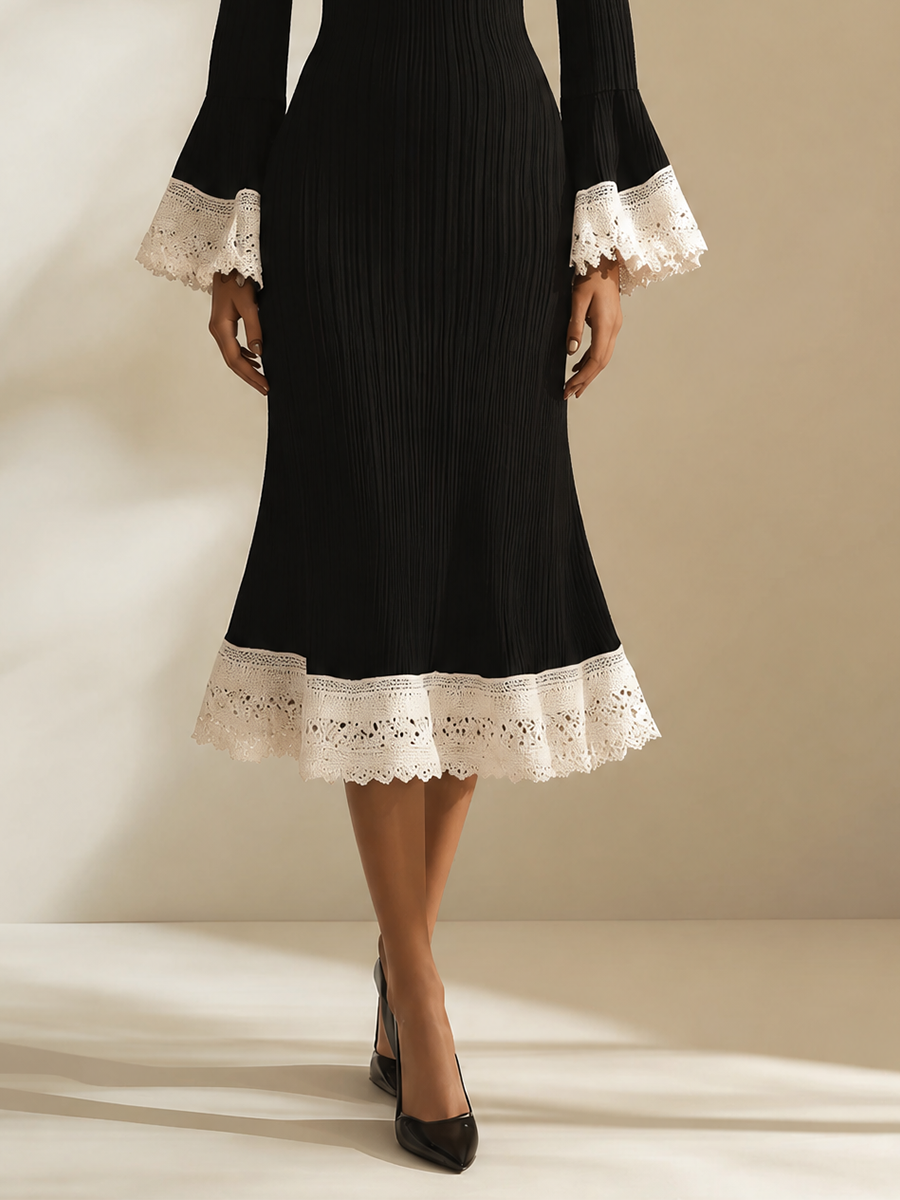 Women's Elegant Square-Neck Lace-Trim Flared-Sleeve Fishtail Long-Sleeve Bodycon Midi Dress MDZ1030H4CMX
