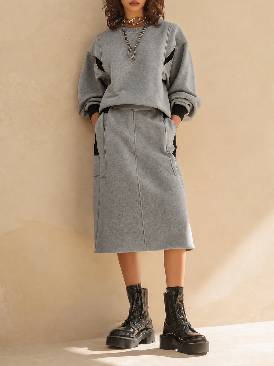 Women's Casual Round-Neck Dropped-Shoulder Long-Sleeve Sweatshirt & High-Waisted Patch-Pocket Straight Skirt Set MDZ1043H6CMX
