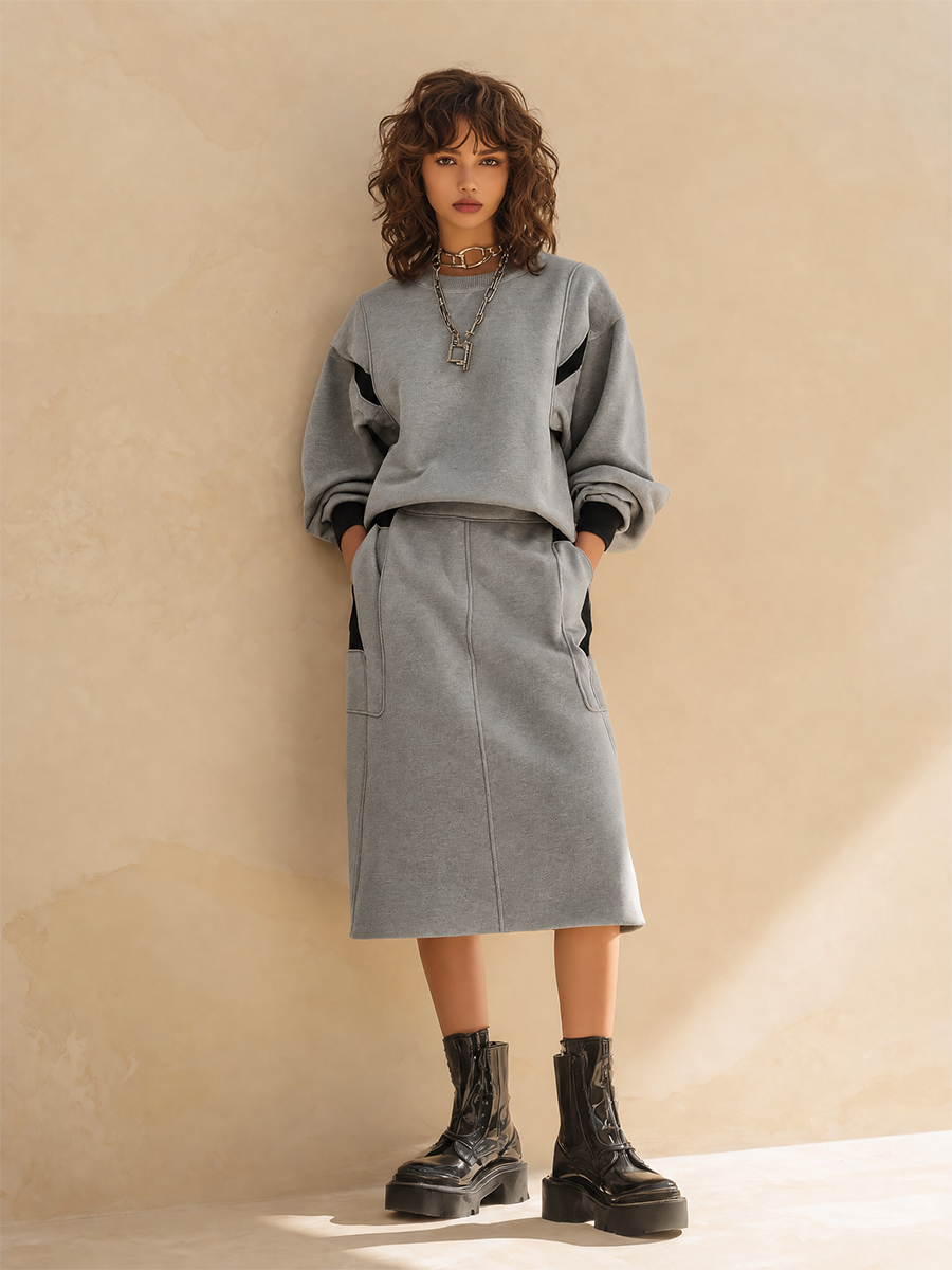 Women's Casual Round-Neck Dropped-Shoulder Long-Sleeve Sweatshirt & High-Waisted Patch-Pocket Straight Skirt Set MDZ1043H6CMX