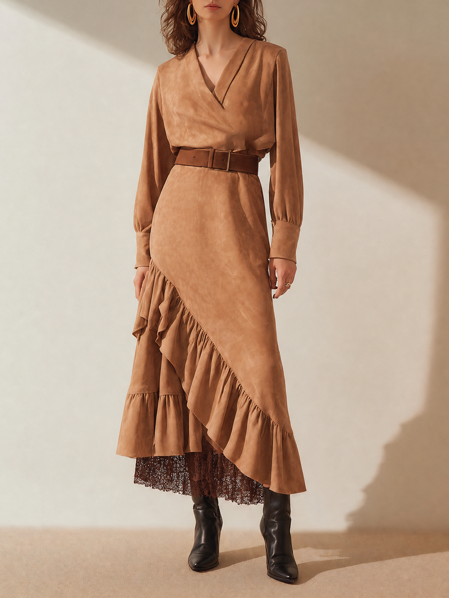 Women's Elegant V-Neck Long-Sleeve Belted Ruffle Asymmetric Midi Dress MDZ1042H0CMX