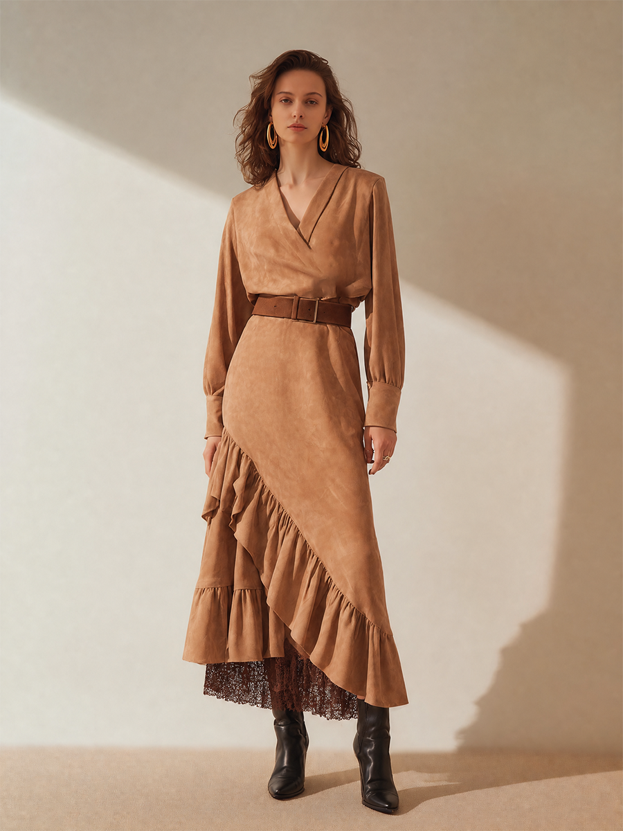 Women's Elegant V-Neck Long-Sleeve Belted Ruffle Asymmetric Midi Dress MDZ1042H0CMX