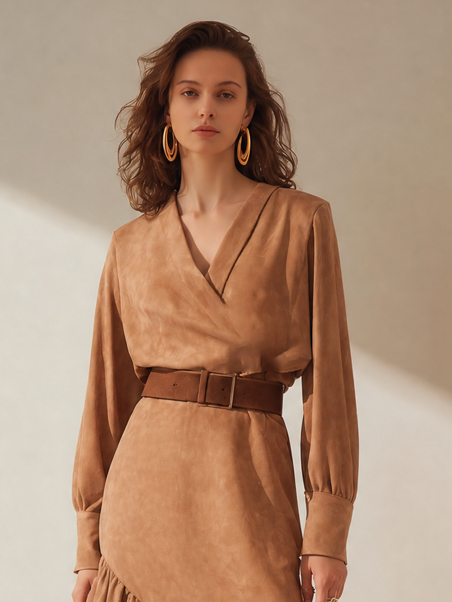 Women's Elegant V-Neck Long-Sleeve Belted Ruffle Asymmetric Midi Dress MDZ1042H0CMX