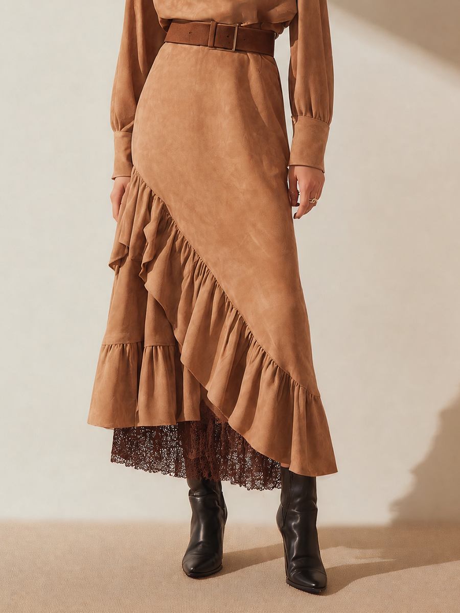 Women's Elegant V-Neck Long-Sleeve Belted Ruffle Asymmetric Midi Dress MDZ1042H0CMX