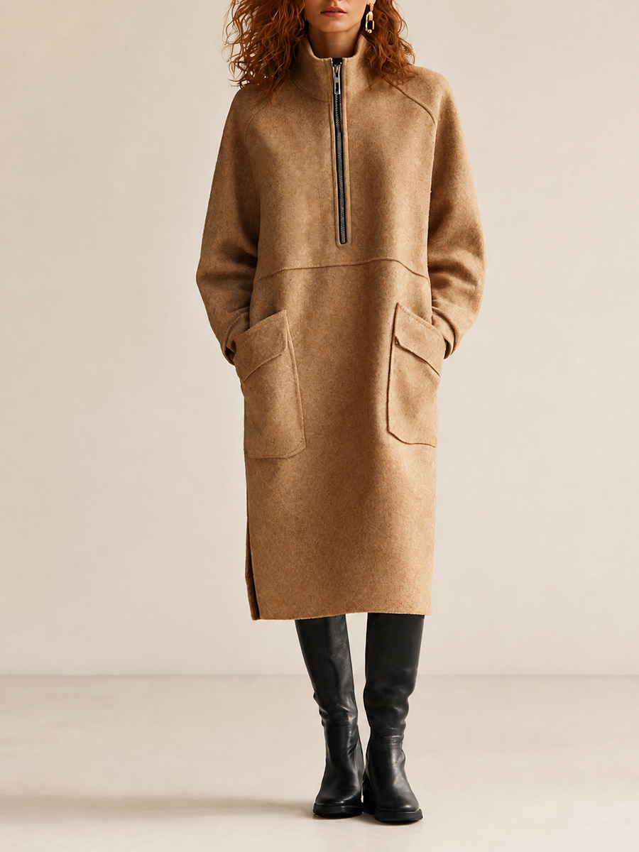Women's Casual High-Neck Half-Zip Dropped-Shoulder Long-Sleeve Patch-Pocket Relaxed Midi Dress MDZ1067H6CMX