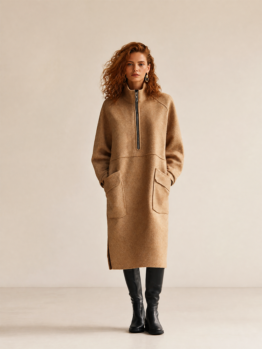 Women's Casual High-Neck Half-Zip Dropped-Shoulder Long-Sleeve Patch-Pocket Relaxed Midi Dress MDZ1067H6CMX