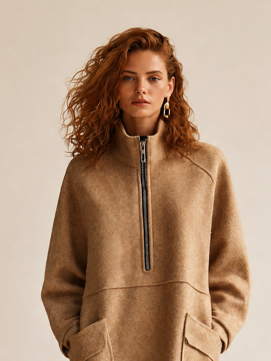 Women's Casual High-Neck Half-Zip Dropped-Shoulder Long-Sleeve Patch-Pocket Relaxed Midi Dress MDZ1067H6CMX