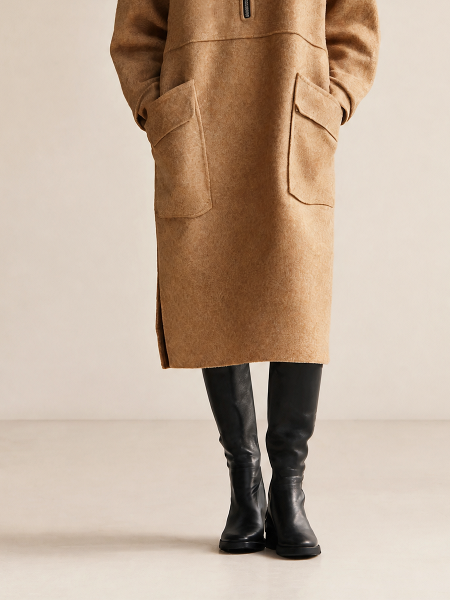 Women's Casual High-Neck Half-Zip Dropped-Shoulder Long-Sleeve Patch-Pocket Relaxed Midi Dress MDZ1067H6CMX