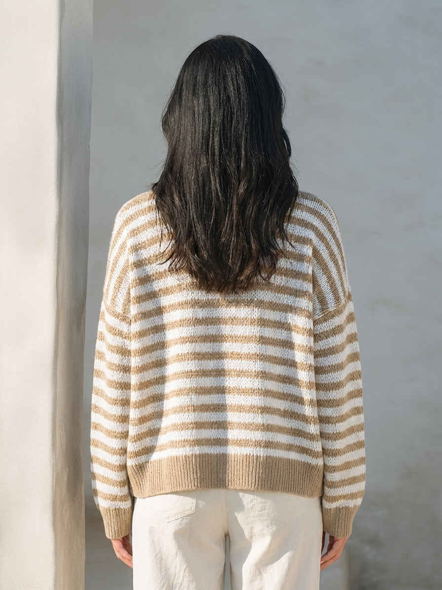 Women's V-Neck Striped Loose-Fit Knit Cardigan MDZ1050H4ZRK