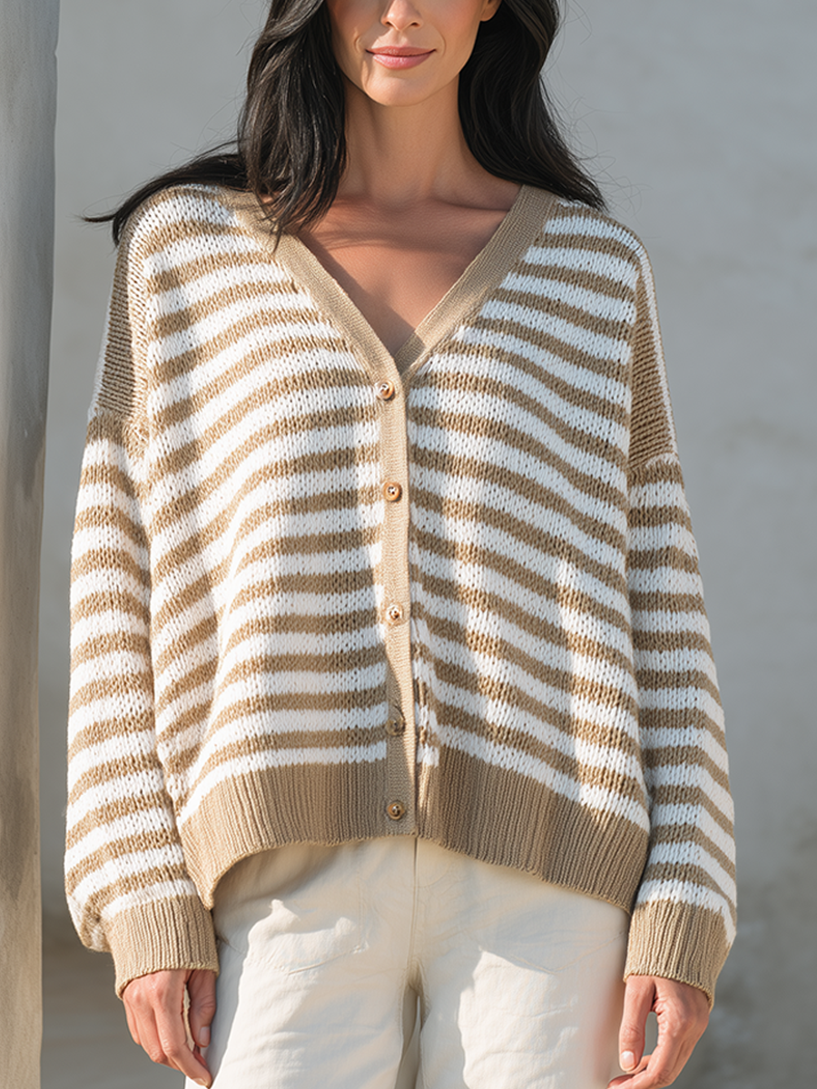 Women's V-Neck Striped Loose-Fit Knit Cardigan MDZ1050H4ZRK