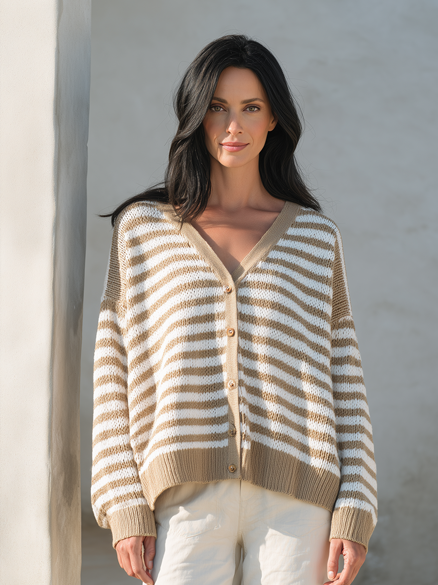 Women's V-Neck Striped Loose-Fit Knit Cardigan MDZ1050H4ZRK