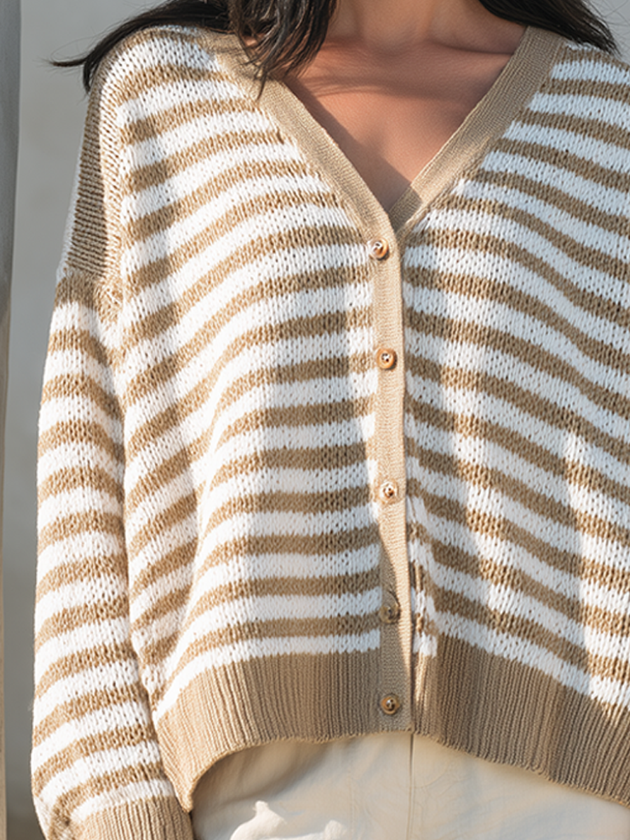 Women's V-Neck Striped Loose-Fit Knit Cardigan MDZ1050H4ZRK