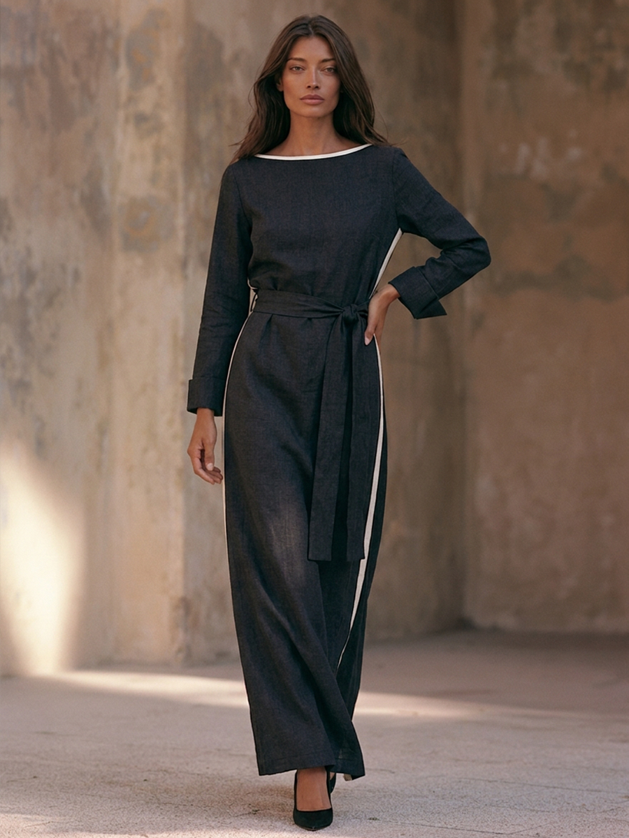 Women's Boat-Neck Cotton-Linen Maxi Dress With Contrast-Stripe Detail And Tie-Belt MDZ1053H0ZRK
