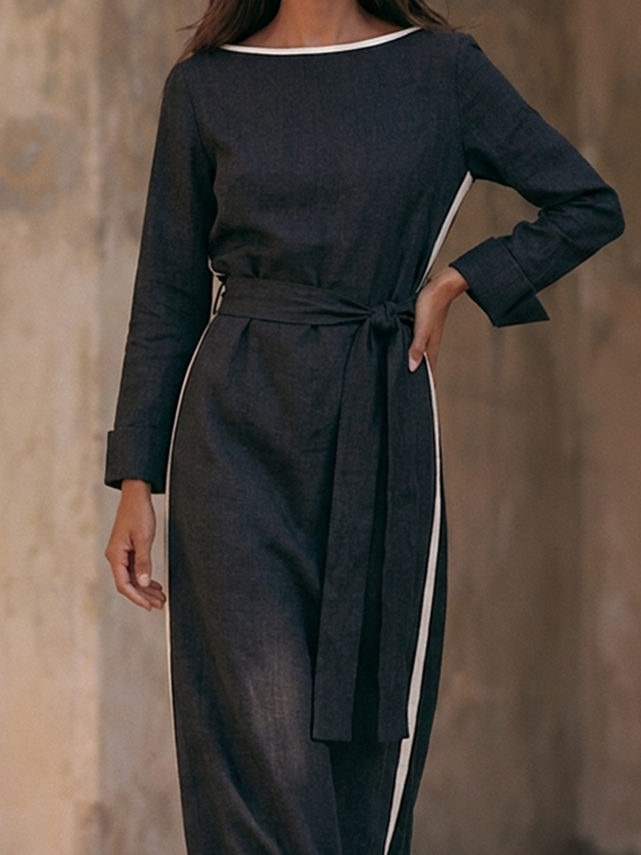 Women's Boat-Neck Cotton-Linen Maxi Dress With Contrast-Stripe Detail And Tie-Belt MDZ1053H0ZRK
