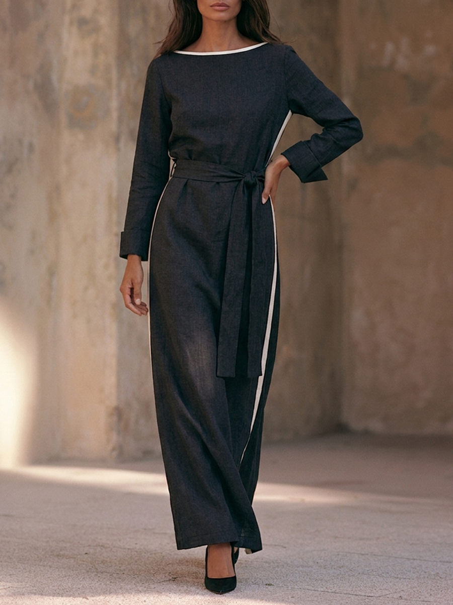 Women's Boat-Neck Cotton-Linen Maxi Dress With Contrast-Stripe Detail And Tie-Belt MDZ1053H0ZRK