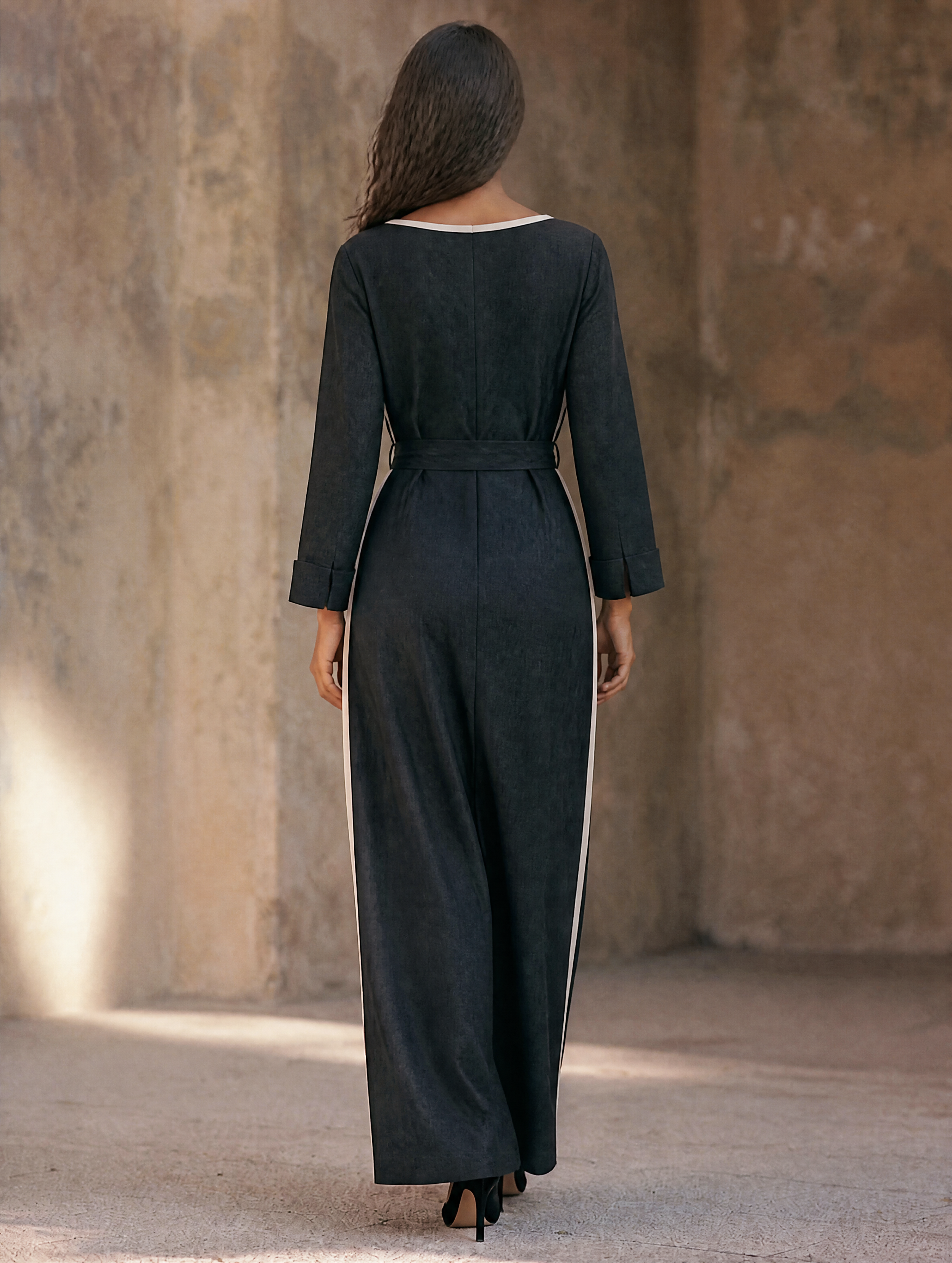 Women's Boat-Neck Cotton-Linen Maxi Dress With Contrast-Stripe Detail And Tie-Belt MDZ1053H0ZRK