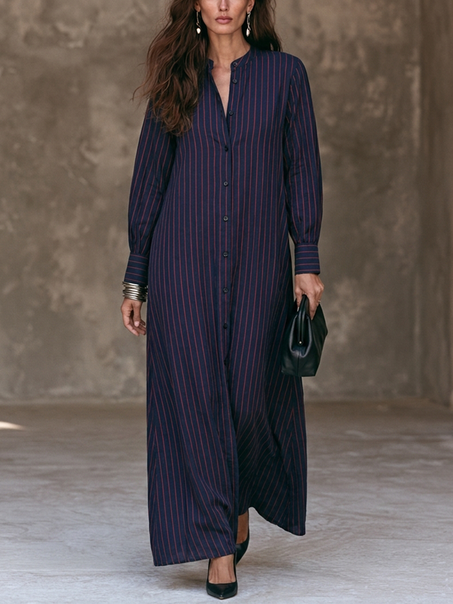 Women's Vertical-Stripe Cotton-Linen Maxi Shirt Dress With Stand Collar MDZ1095H1ZRK