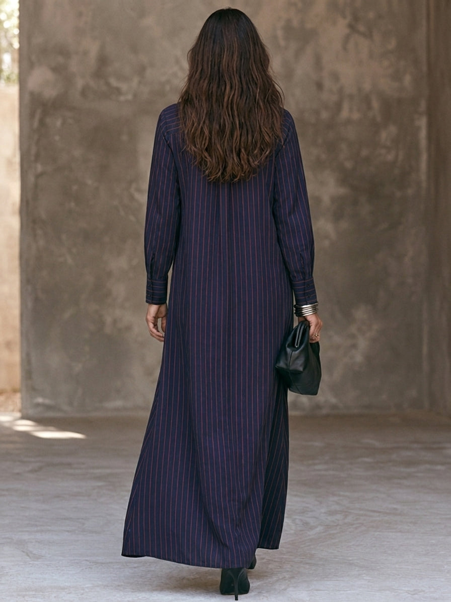Women's Vertical-Stripe Cotton-Linen Maxi Shirt Dress With Stand Collar MDZ1095H1ZRK