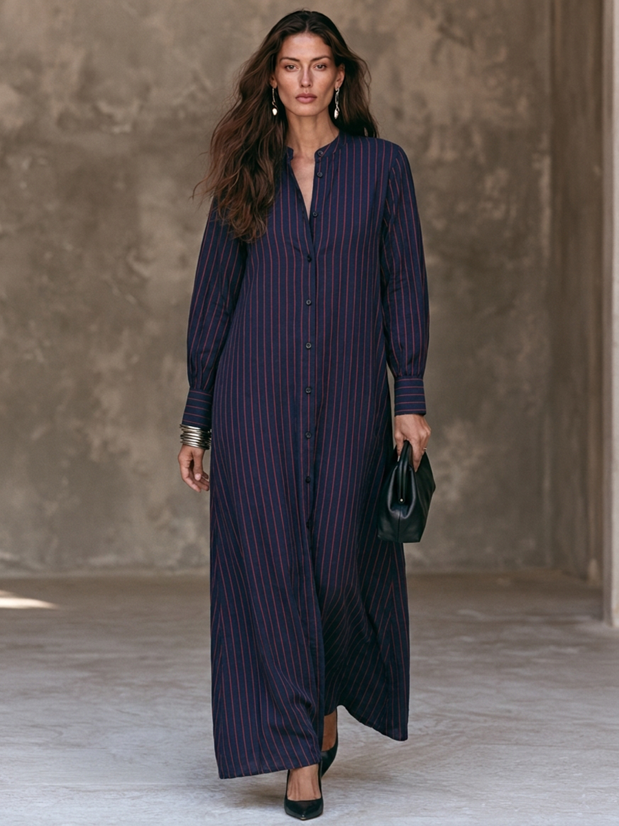 Women's Vertical-Stripe Cotton-Linen Maxi Shirt Dress With Stand Collar MDZ1095H1ZRK