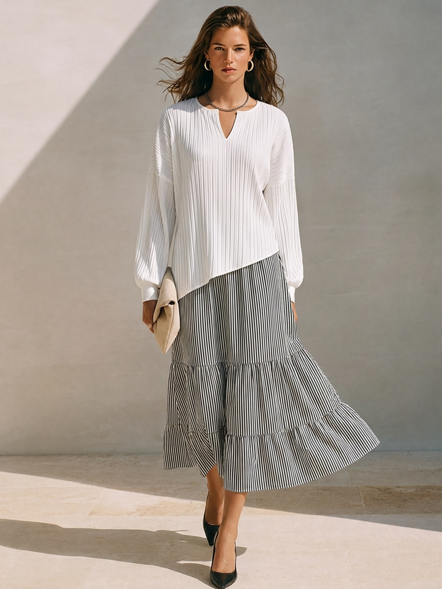 Women's Striped Panel Midi Dress With Small V-Neck MDZ1063H0ZRK