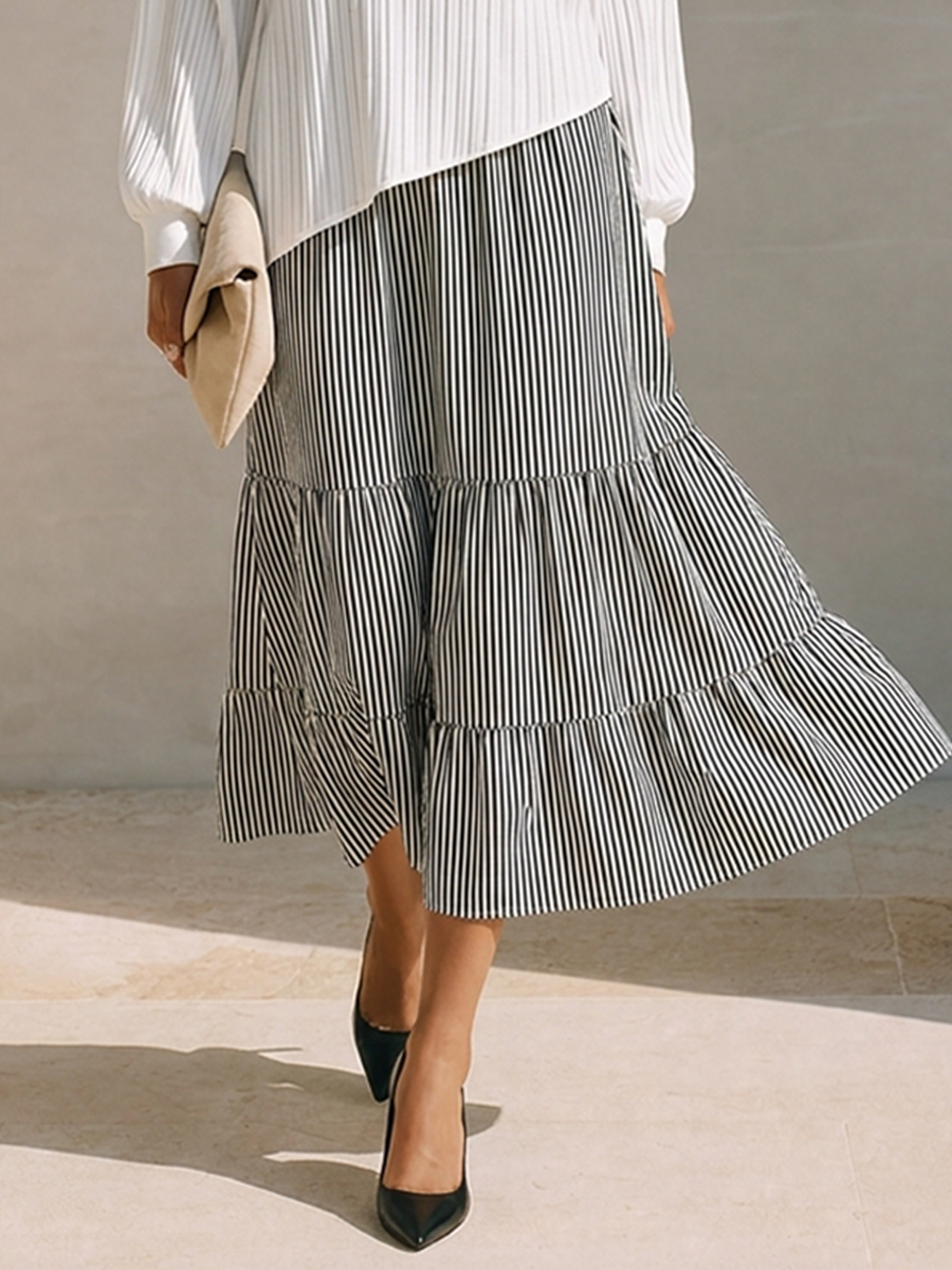 Women's Striped Panel Midi Dress With Small V-Neck MDZ1063H0ZRK