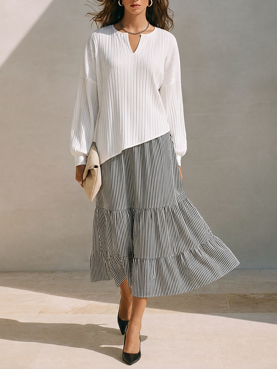 Women's Striped Panel Midi Dress With Small V-Neck MDZ1063H0ZRK