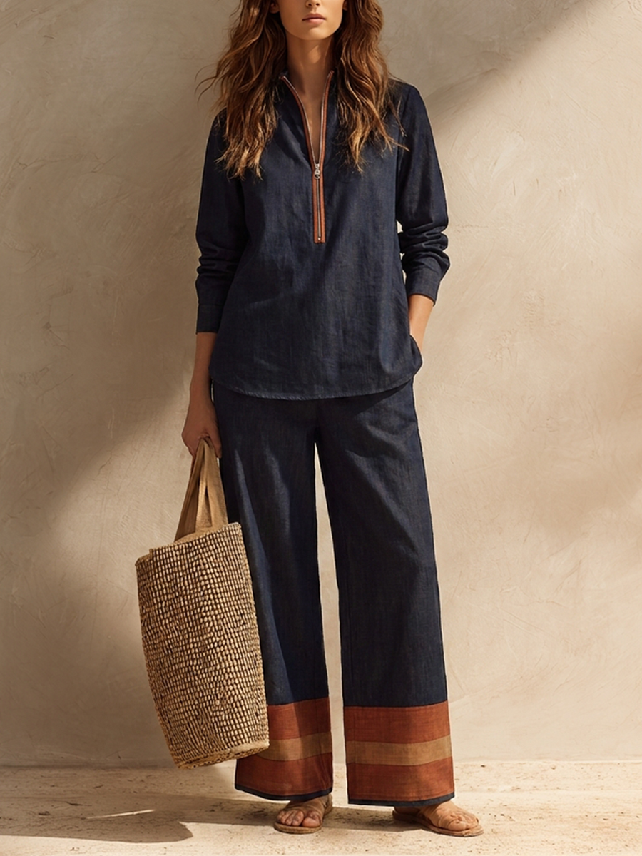 Women's Cotton-Linen Two-Piece Set With Stand Collar And Contrast-Cuff Trousers MDZ1039H7ZRK