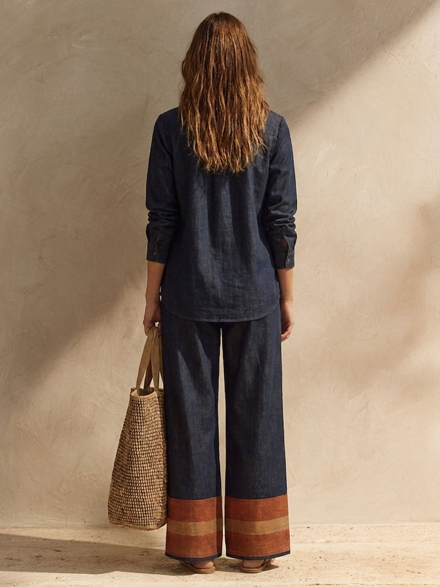 Women's Cotton-Linen Two-Piece Set With Stand Collar And Contrast-Cuff Trousers MDZ1039H7ZRK