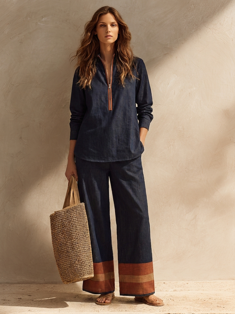 Women's Cotton-Linen Two-Piece Set With Stand Collar And Contrast-Cuff Trousers MDZ1039H7ZRK