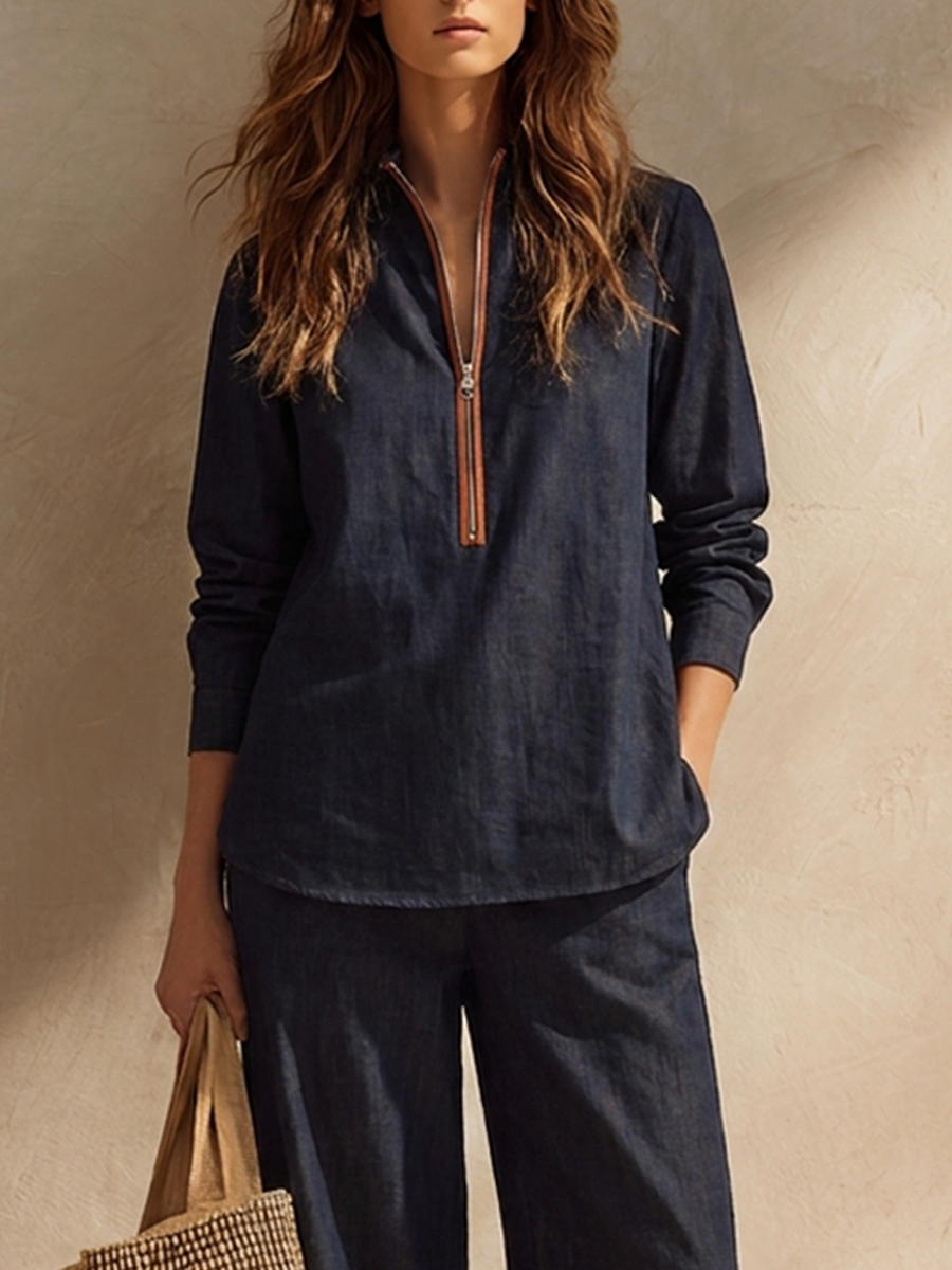 Women's Cotton-Linen Two-Piece Set With Stand Collar And Contrast-Cuff Trousers MDZ1039H7ZRK