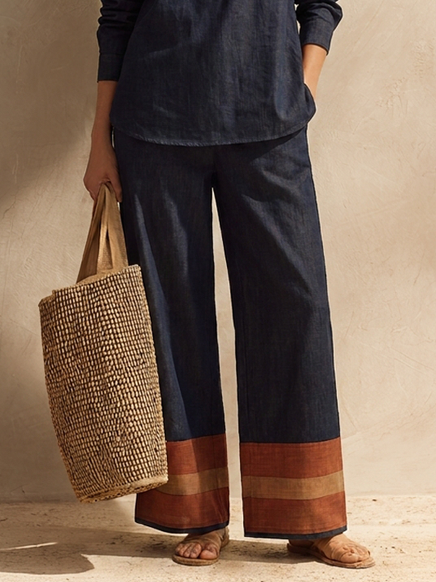 Women's Cotton-Linen Two-Piece Set With Stand Collar And Contrast-Cuff Trousers MDZ1039H7ZRK