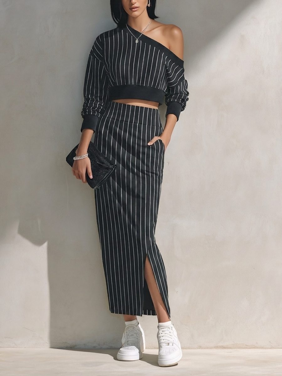 Women's Striped One-Shoulder Cropped Top & Maxi Skirt Set MDZ1073H5ZRK