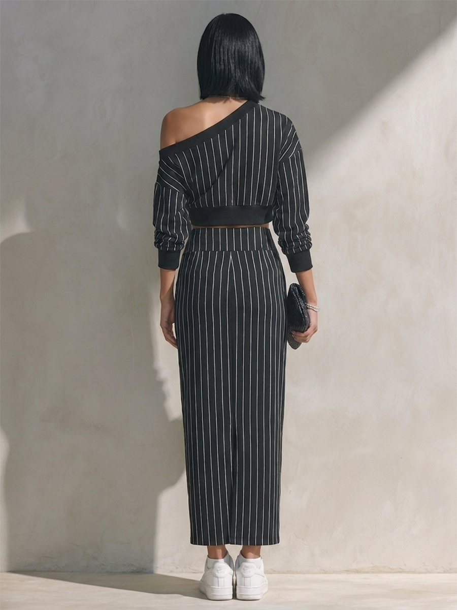 Women's Striped One-Shoulder Cropped Top & Maxi Skirt Set MDZ1073H5ZRK