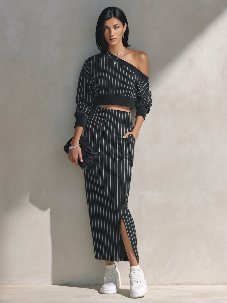 Women's Striped One-Shoulder Cropped Top & Maxi Skirt Set MDZ1073H5ZRK