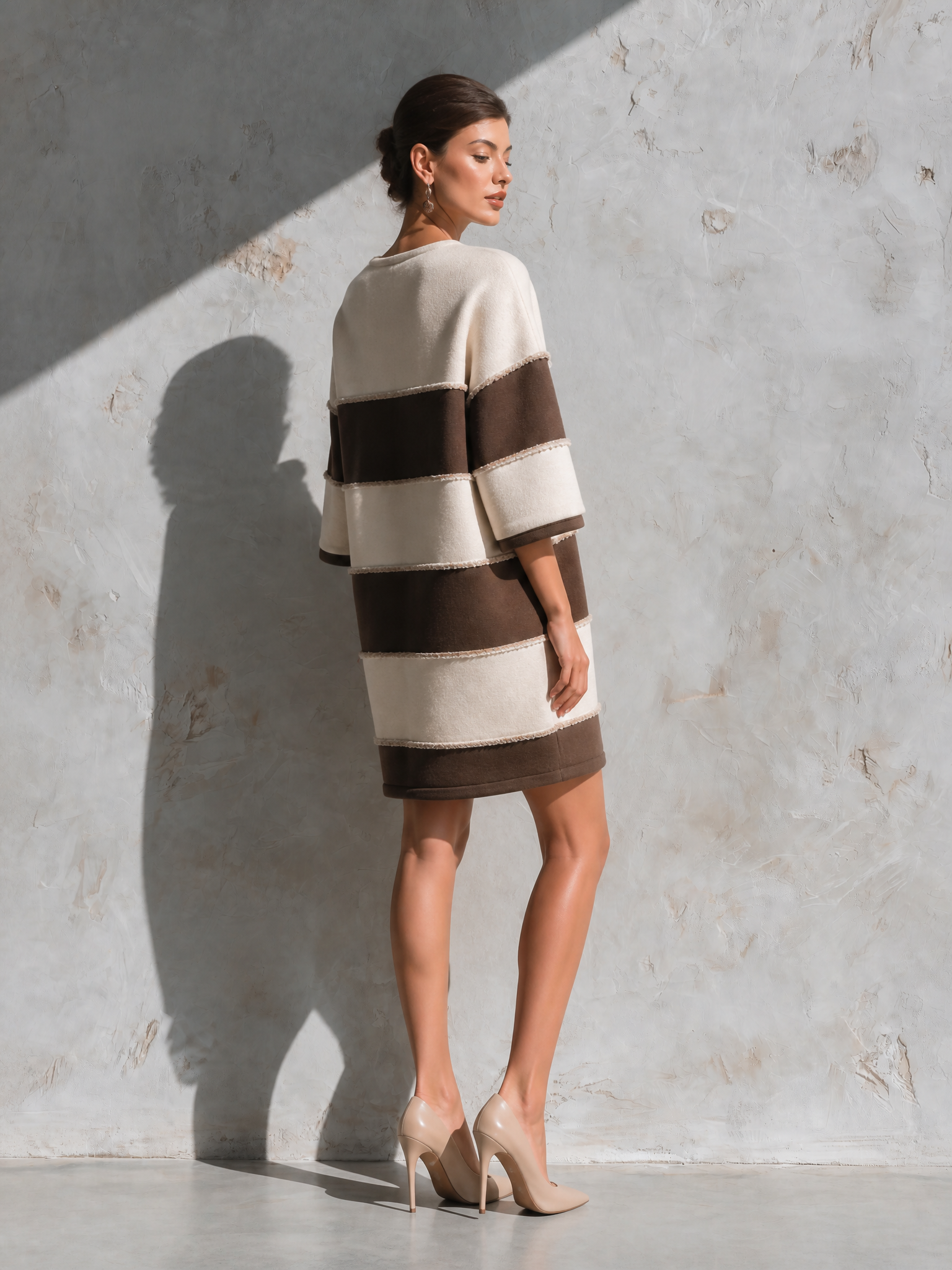 Women's V-Neck Color Block Striped Sweatshirt Dress With Raw Edge Trim MDZ1036H5YZJ
