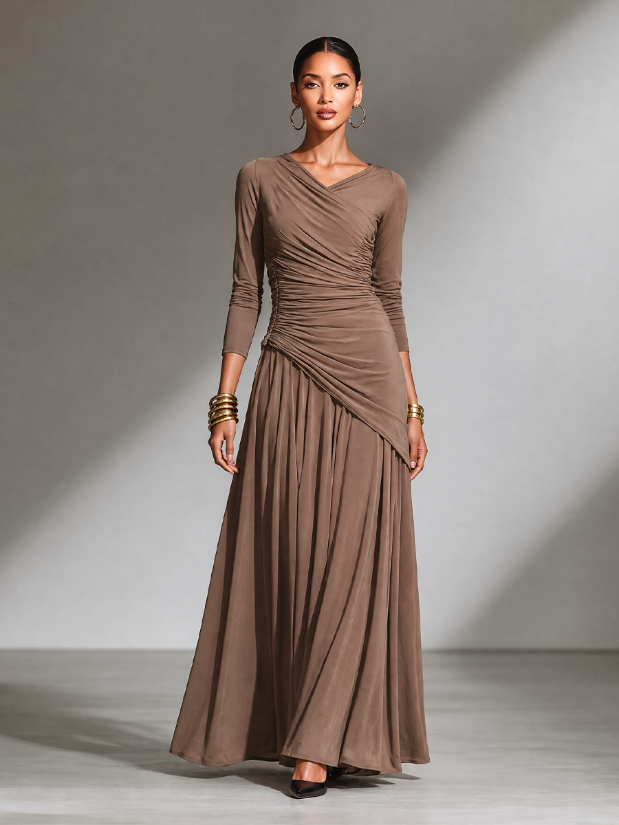 Women's Elegant Draped V‑Neck Long Maxi Dress MDZ1034H6LYL