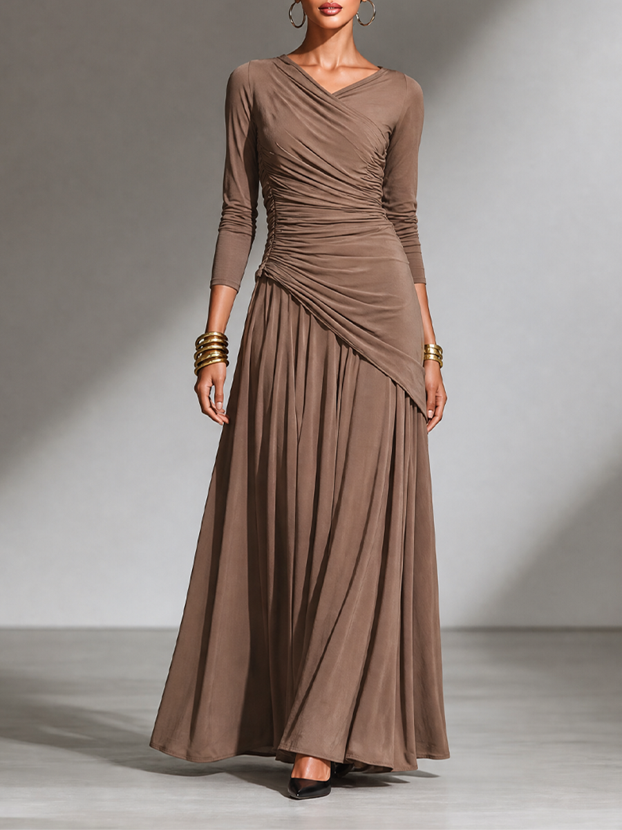 Women's Elegant Draped V‑Neck Long Maxi Dress MDZ1034H6LYL
