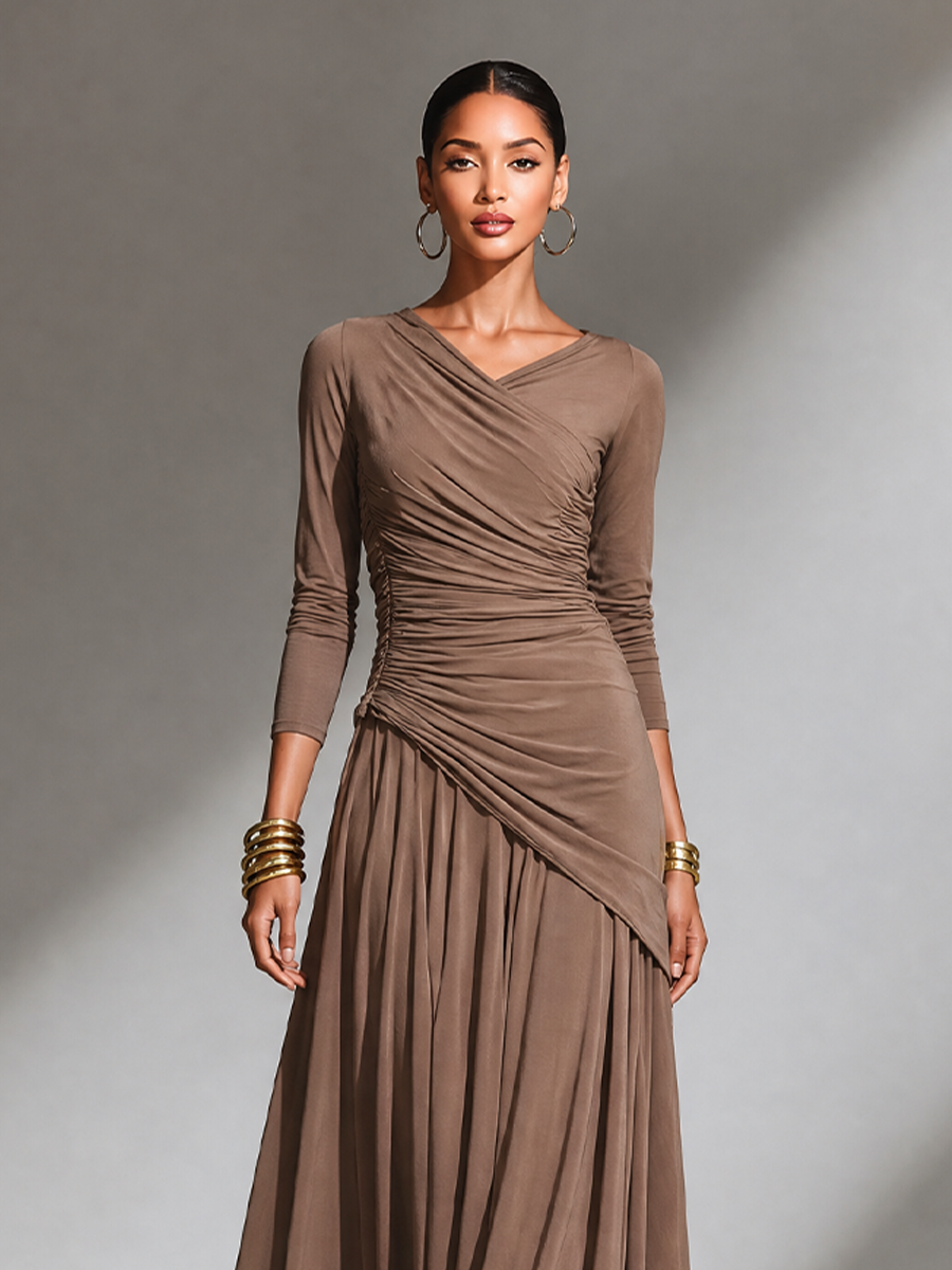 Women's Elegant Draped V‑Neck Long Maxi Dress MDZ1034H6LYL