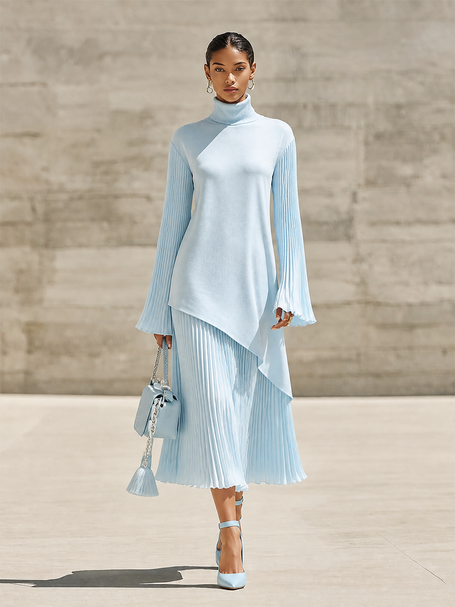 Women's Elegant Flare Sleeve Knit Pleated Midi Dress MDZ1093H3LYL