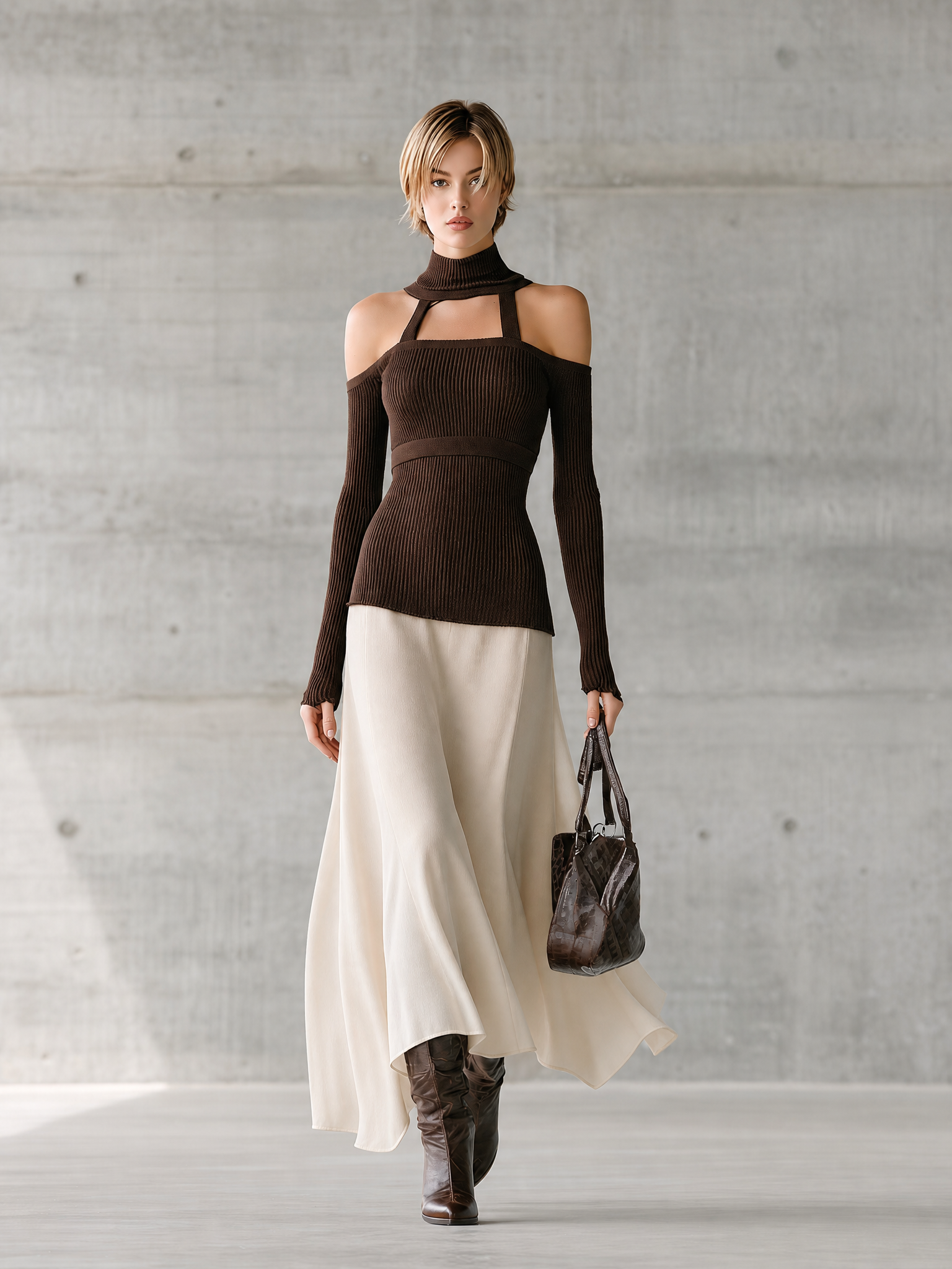 Women's Cold Shoulder High Neck Ribbed Knit Top With Cutout Detail MDZ1013H6YZJ