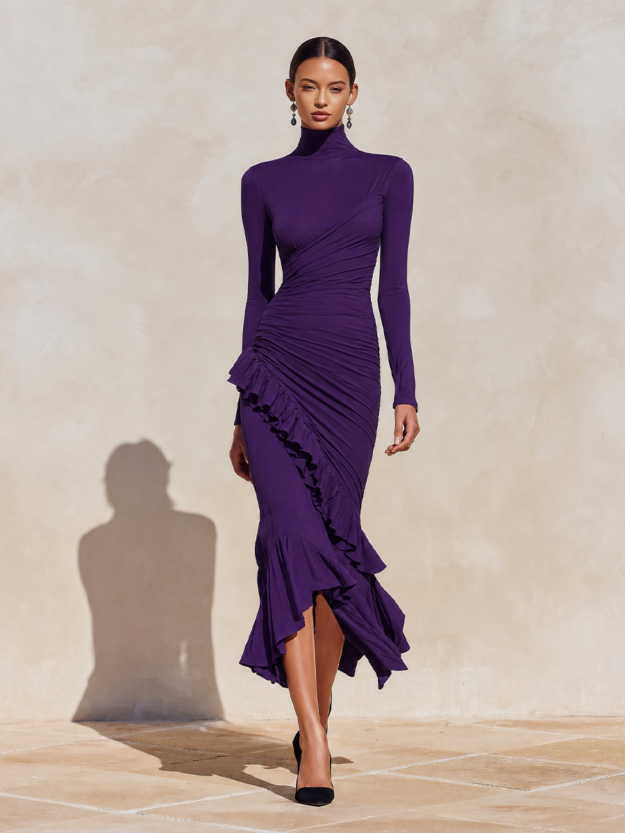 Women's Evening Ruched Ruffle Turtleneck Midi Dress MDZ1025H6LYL