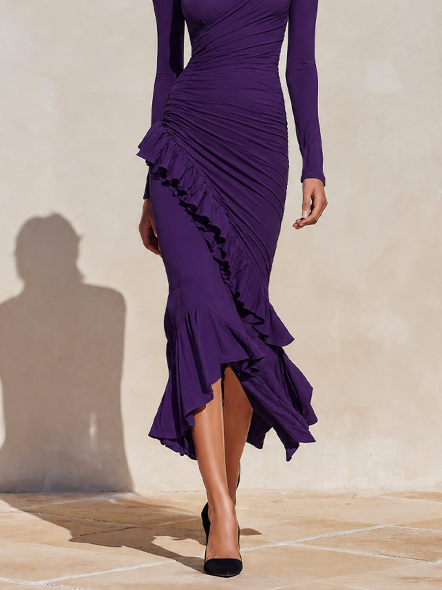 Women's Evening Ruched Ruffle Turtleneck Midi Dress MDZ1025H6LYL
